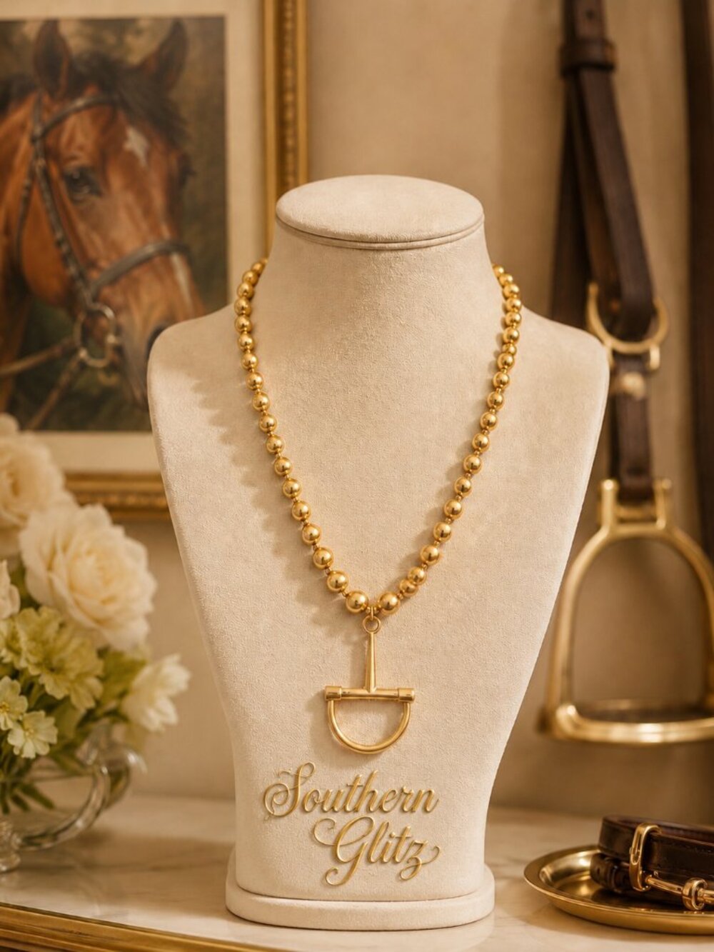 Gold Stirrup Pendant Necklace, Equestrian Beaded Necklace, Horse Lover Jewelry,